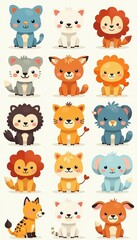 Colorful vector graphic of adorable flat animal icons perfect for children's books or educational materials, icons, graphic, vector