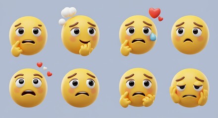 thinking emoji clipart character. 3d emoji character in round yellow graphic elements collection with curious, confused, guessing, sad, shocked and serious facial expressions. Thinking vector