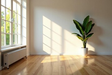 Contemporary airy room with sunlight streaming in, wood floor, interior, wooden floor