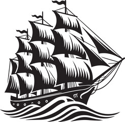 Vintage Black Silhouette of a Sailing Ship with Full Sails