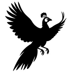 Black silhouette of a peacock in flight, elegant vector illustration.