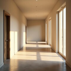 Fototapeta premium Contemporary hallway with soft, diffused sunlight casting shadows on the floor, modern, hallway