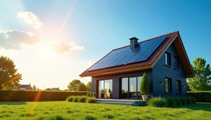 Contemporary home with solar panels against blue sky and sun, solar panels, exterior