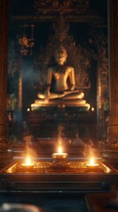 Fototapeta premium Serene Buddha Statue Surrounded by Warm Candles and Reflections