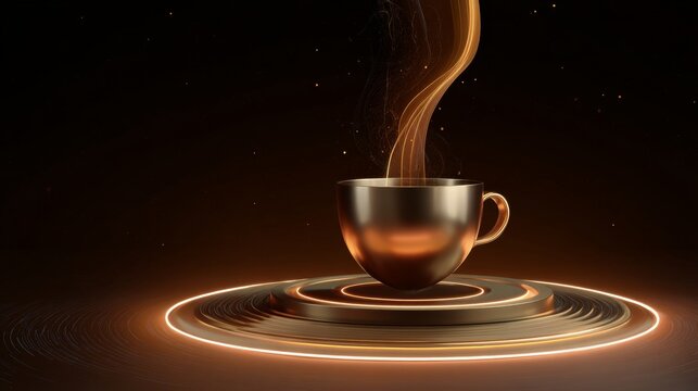 Futuristic coffee advertisement with glowing cup and smoky aroma for modern design