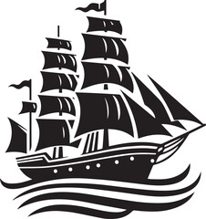 Vintage Black Silhouette of a Sailing Ship with Full Sails