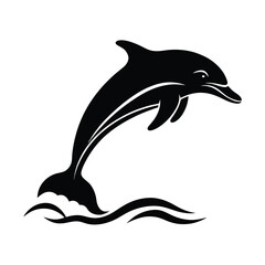 Fototapeta premium Black and white vector illustration of a jumping dolphin in water with elegant curved lines