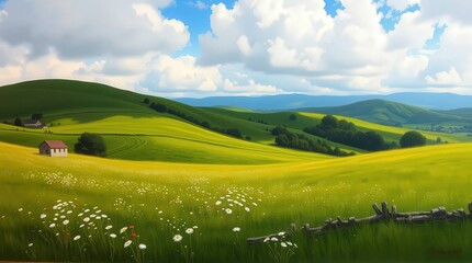 Fototapeta premium Serene Green Landscape with Rolling Hills and Dramatic Cloudscape