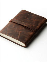 A leather-bound journal with a wrap-around strap, isolated on white