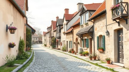 Obraz premium Quaint Cobblestone Street in Charming Historic Village Setting