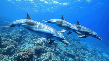 Naklejka premium Dolphins swimming over vibrant coral reef