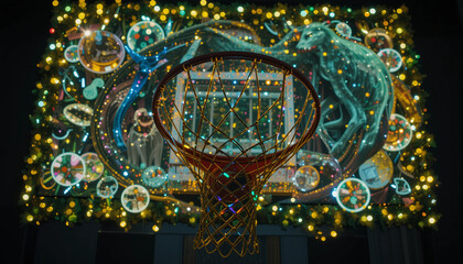Festive Basketball Hoop: A vibrant basketball hoop, adorned with a luminous display of Christmas lights, transforms the court into a spectacle of festive cheer.