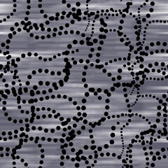 Grey seamless texture with chaotic wavy thread line of black dots. Black and white psychedelic background for interior decor, wallpaper, wall panel, textile, poster, web banner. 