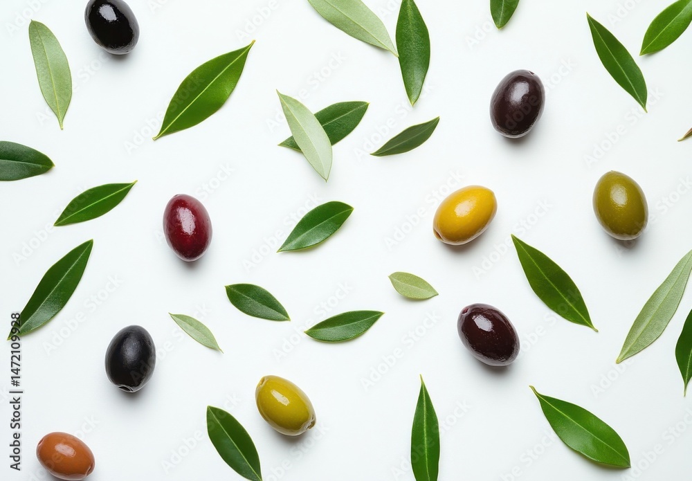 Aufkleber A vibrant flat lay showcasing assorted olives and olive leaves artfully arranged on a pristine white background, creating a visually appealing and appetizing composition. : Generative AI