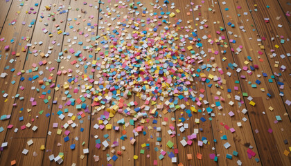 Obraz premium Colorful Confetti scattered on wooden floor: Abstract capture a colorful scattering of confetti dispersed across a wooden floor, creating a cheerful and celebratory scene.