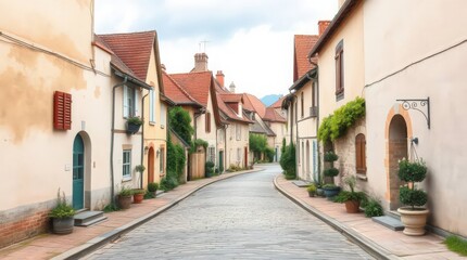 Obraz premium Peaceful Village Street with Charming Houses and Cobblestone Pathway