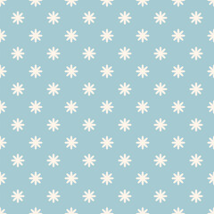 Simple geometric floral ornament. Abstract vector seamless pattern with small flower silhouettes. Subtle elegant background. Light blue minimal texture. Repeating vintage design for textile, wallpaper
