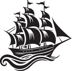Vintage Black Silhouette of a Sailing Ship with Full Sails