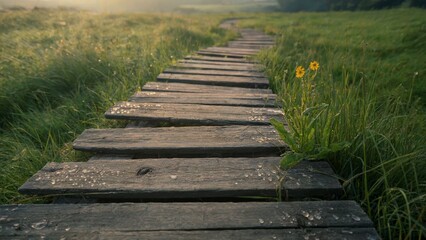 Obraz premium Wooden Pathway,Peaceful,Rural,Morning,Wilderness,Adventure,Scenery
