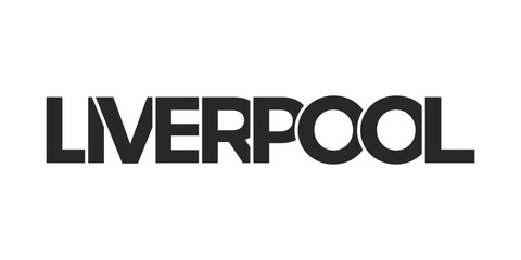 Liverpool city in the United Kingdom design features a geometric style illustration with bold typography in a modern font on white background.