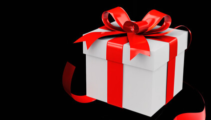 Elegant white gift box with a shiny red ribbon and bow, isolated on black background, symbolizing celebration or surprise.