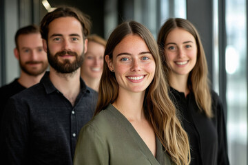 A professional group portrait of a young businesswoman and her colleagues during a creative seminar in a modern office space