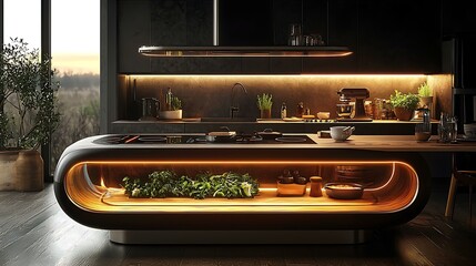 Obraz premium An AI-assisted kitchen island with built-in projection space for virtual cooking assistants, ambient glass textures, high-tech minimal interior, 8K clarity