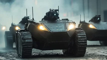 Fototapete Fahrzeug Military armored vehicles advancing through a smoky urban environment, showcasing modern warfare technology  © alvin project