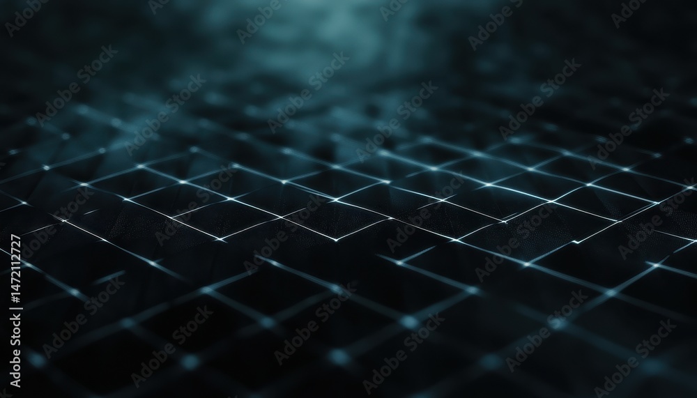 Poster Abstract Digital Network Grid with Blue Glowing Lines and Points on Dark Background