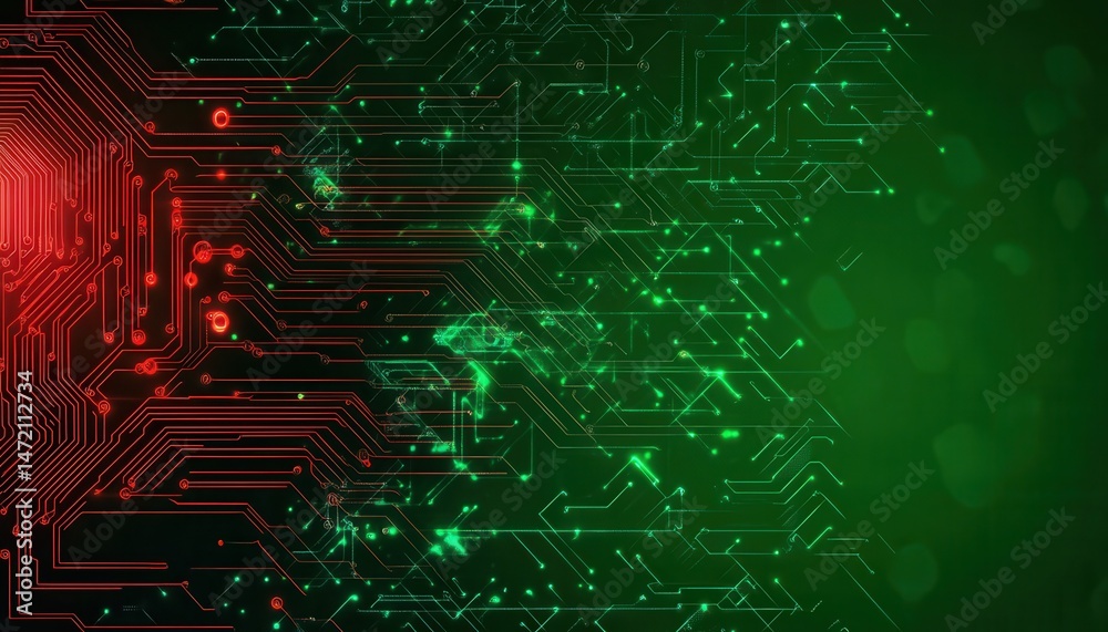 Aufkleber Abstract Digital Network with Red and Green Glowing Lines on Dark Background