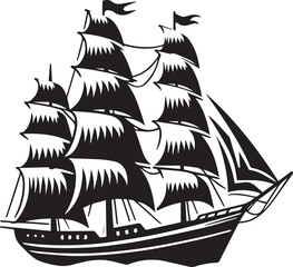 Vintage Black Silhouette of a Sailing Ship with Full Sails