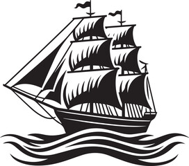 Vintage Black Silhouette of a Sailing Ship with Full Sails