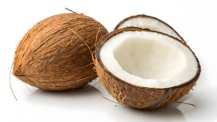 Set of fresh whole and half coconut and slices
