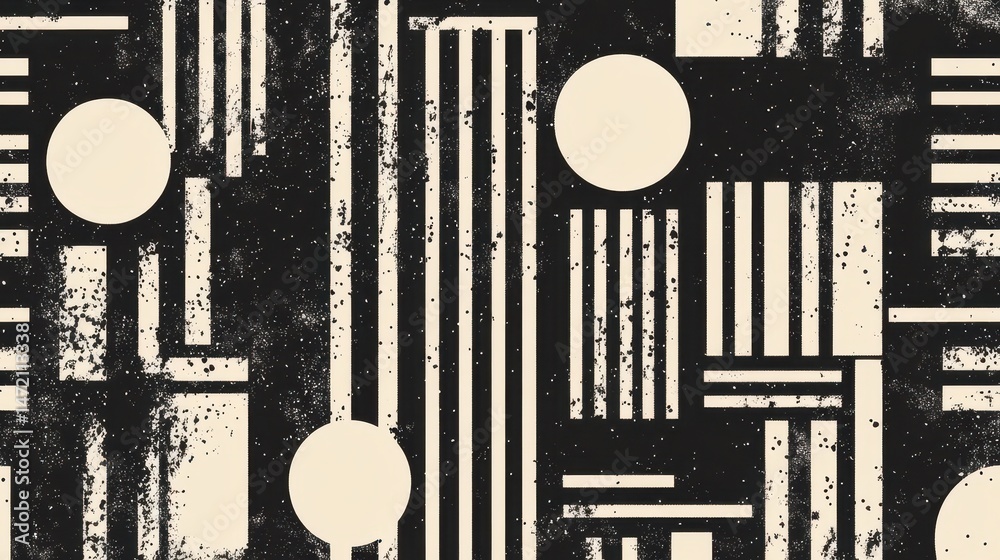 Aufkleber abstract geometric black white beige pattern with circles and lines