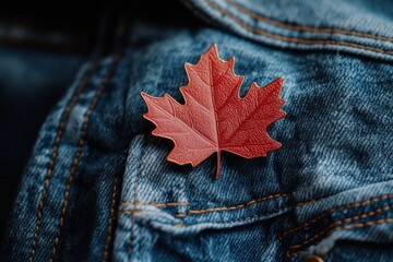 Detailed view of a reddish brown maple leaf pin attached to a blue denim jacket