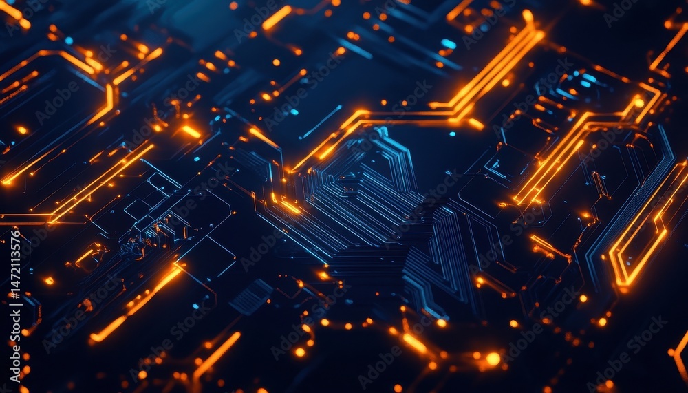 Aufkleber abstract glowing circuit board background with orange and blue lines
