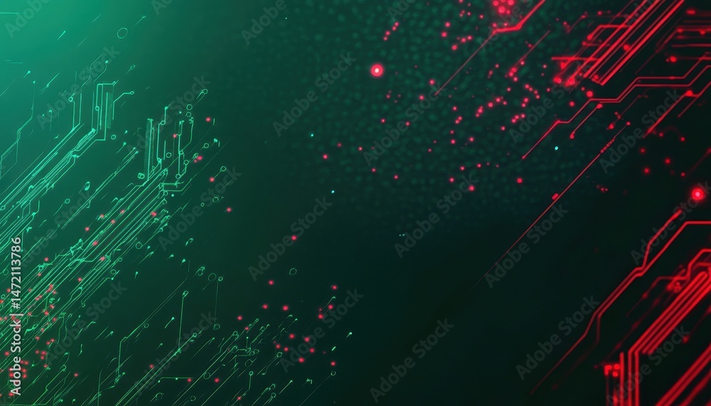Poster Abstract Glowing Circuit Board Pattern Red And Green Digital Technology Background