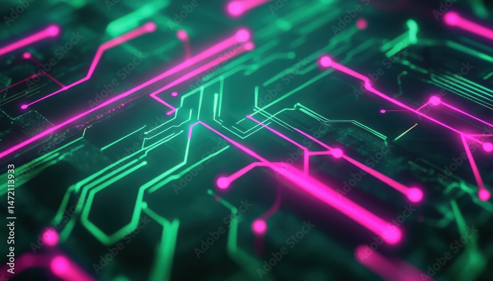 Poster abstract glowing circuit board with pink and green neon lines
