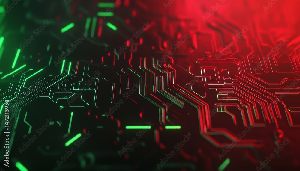 Poster Abstract Glowing Circuit Board with Red and Green Lines