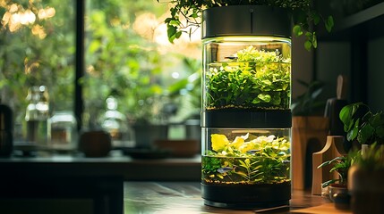 A vertical home fish garden tower, self-cleaning tank cycles visible through transparent tubing, biophilic tech decor, 8K clarity