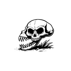 Monochrome skull illustration with aggressive teeth and organic substrate detail
