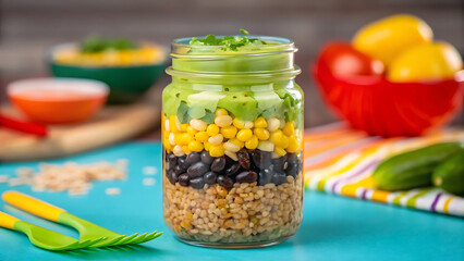 Mason Jar Salads Fresh mason jar salads with layers of corn black beans avocado and grains on blue table