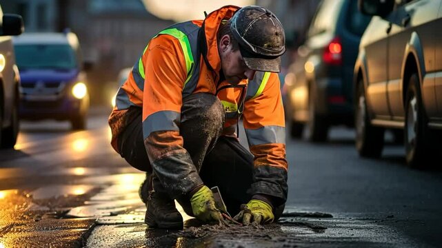 Construction worker bright safety gear kneeling on street, repairing asphalt surface, surrounded by vehicles, showcasing dedication to road maintenance safety in urban environment. Generative 4k video