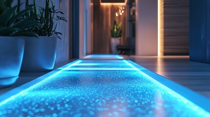Obraz premium A thermal-reactive entry mat that glows along the footsteps path with color transitions, embedded seamlessly into modern hallway, 8K ultra-detailed