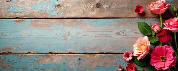 Blank rustic greeting card on wooden background with peeling paint, weathered wood, design