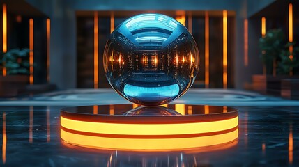 A suspended art orb with modular reflective panels, rotating slowly above a glowing circular base, futuristic decor centerpiece, 8K sharp render