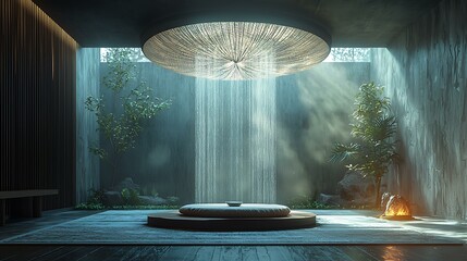 A suspended air-cleaning canopy above a meditation mat, shaped like a glowing mandala, circulating air without motion noise, 8K sharp render