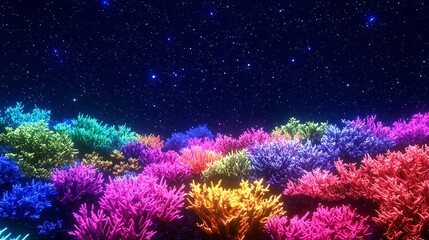 Labyrinth of glowing neon coral reefs growing in a deep space void dotted with stars