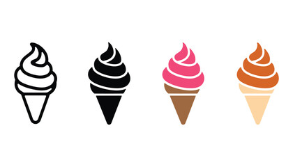 Colorful Ice Cream Cone Icons, Black, Pink, Brown, and Beige Flavors for Dessert Concept