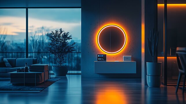 A soft-curve appliance docking wall with ambient ring lights showing status zones, touchless minimal interface, futuristic tech layout, 8K sharp render